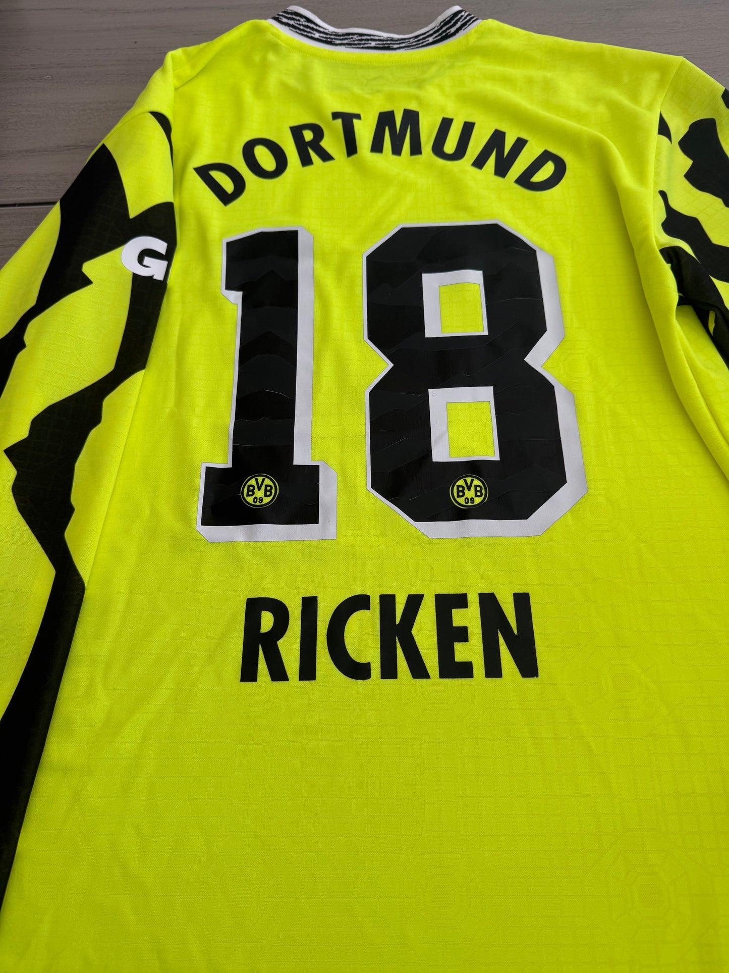 Puma dryCELL · 1&1 · Talla M/L adulto · BVB Jersey Manga Larga Amarillo Neón - Personalizado RICKEN 18
