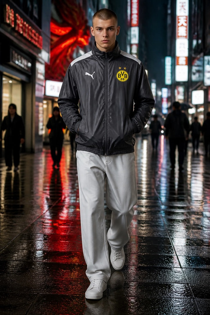 Chamarra Impermeable Puma BVB Raincell Capucha Negro 13-14y Junior